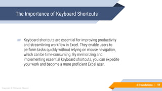 59
Copyright © Mohaimie Mosmin
2: Foundations | 59
The Importance of Keyboard Shortcuts
▰ Keyboard shortcuts are essential for improving productivity
and streamlining workflow in Excel. They enable users to
perform tasks quickly without relying on mouse navigation,
which can be time-consuming. By memorizing and
implementing essential keyboard shortcuts, you can expedite
your work and become a more proficient Excel user.
 