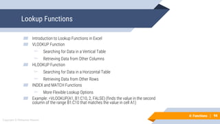94
Copyright © Mohaimie Mosmin
4: Functions | 94
Lookup Functions
▰ Introduction to Lookup Functions in Excel
▰ VLOOKUP Function
▻ Searching for Data in a Vertical Table
▻ Retrieving Data from Other Columns
▰ HLOOKUP Function
▻ Searching for Data in a Horizontal Table
▻ Retrieving Data from Other Rows
▰ INDEX and MATCH Functions
▻ More Flexible Lookup Options
▰ Example: =VLOOKUP(A1, B1:C10, 2, FALSE) (finds the value in the second
column of the range B1:C10 that matches the value in cell A1)
 