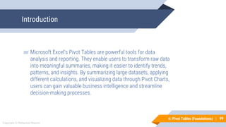 99
Copyright © Mohaimie Mosmin
6: Pivot Tables (Foundations) |
Introduction
99
▰ Microsoft Excel's Pivot Tables are powerful tools for data
analysis and reporting. They enable users to transform raw data
into meaningful summaries, making it easier to identify trends,
patterns, and insights. By summarizing large datasets, applying
different calculations, and visualizing data through Pivot Charts,
users can gain valuable business intelligence and streamline
decision-making processes.
 
