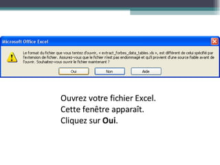 Ouvrez votre fichier Excel.  Cette fenêtre apparaît.  Cliquez sur  Oui . 
