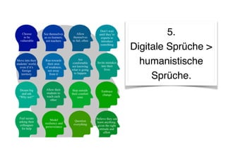 Fazit
1. Lernen bedeutet Kompetenzaufbau.
2. Kompetenzen verbinden Motivation mit Wissen und
Können.
3. Viele Kompetenzen können nicht operationalisiert oder
gemessen werden.
4. Lernende weisen Kompetenzen (im Dialog) nach. Sie
verwenden dafür Lernprodukte.
 