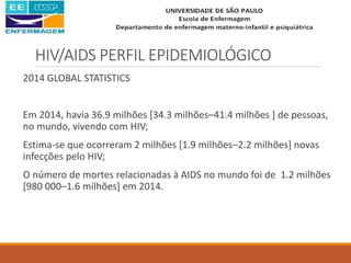 HIV/AIDS PERFIL EPIDEMIOLÓGICO
2014 GLOBAL STATISTICS
Em 2014, havia 36.9 milhões [34.3 milhões–41.4 milhões ] de pessoas,
no mundo, vivendo com HIV;
Estima-se que ocorreram 2 milhões [1.9 milhões–2.2 milhões] novas
infecções pelo HIV;
O número de mortes relacionadas à AIDS no mundo foi de 1.2 milhões
[980 000–1.6 milhões] em 2014.
 