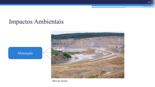 Impactos Ambientais
17
Mineração
Desmatamento
Subsidência
Desgaste do solo
Mina de calcário
 