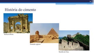 História do cimento
38
Ruínas de Roma.
Pirâmides egípcias.
Muralha da China.
 