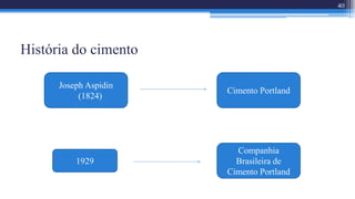 História do cimento
40
Joseph Aspidin
(1824)
Cimento Portland
Companhia
Brasileira de
Cimento Portland
1929
 