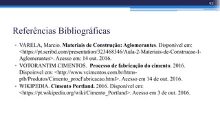 Referências Bibliográficas
• VARELA, Marcio. Materiais de Construção: Aglomerantes. Disponível em:
<https://pt.scribd.com/presentation/323468346/Aula-2-Materiais-de-Construcao-I-
Aglomerantes>. Acesso em: 14 out. 2016.
• VOTORANTIM CIMENTOS. Processo de fabricação do cimento. 2016.
Dispoinvel em: <http://www.vcimentos.com.br/htms-
ptb/Produtos/Cimento_procFabricacao.html>. Acesso em 14 de out. 2016.
• WIKIPEDIA. Cimento Portland. 2016. Disponível em:
<https://pt.wikipedia.org/wiki/Cimento_Portland>. Acesso em 3 de out. 2016.
93
 