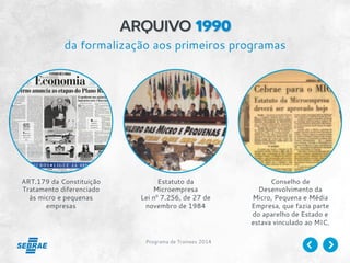 Programa de Trainees 2014
arquivo 1990
ART.179 da Constituição
Tratamento diferenciado
às micro e pequenas
empresas
Estatuto da
Microempresa
Lei nº 7.256, de 27 de
novembro de 1984
Conselho de
Desenvolvimento da
Micro, Pequena e Média
Empresa, que fazia parte
do aparelho de Estado e
estava vinculado ao MIC.
da formalização aos primeiros programas
 
