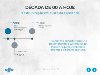 Programa de Trainees 2014
década de 00 a hoje
reestruturação em busca da excelência
2012
Novo
Direcionamento
Estratégico
2014
Sebrae 2014
hoje
O triplo papel do
Sebrae
“Promover a competitividade e o
Desenvolvimento sustentável das
Micro e Pequenas Empresas e
fomentar o empreendedorismo."
 