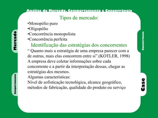 Tipos de mercado:
•Monopólio puro
•Oligopólio
•Concorrência monopolista
•Concorrência perfeita
Identificação das estratégias dos concorrentes
“ Quanto mais a estratégia de uma empresa parecer com a
de outras, mais elas concorrem entre si”.(KOTLER, 1998)
A empresa deve coletar informações sobre cada
concorrente e a partir da interpretação dessas, chegar as
estratégias dos mesmos.
Algumas características:
Nível de sofisticação tecnológica, alcance geográfico,
métodos de fabricação, qualidade do produto ou serviço
 