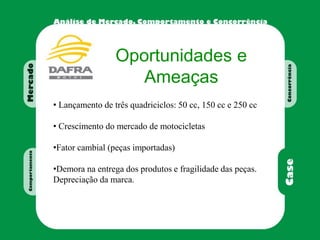 Oportunidades e
Ameaças
• Lançamento de três quadriciclos: 50 cc, 150 cc e 250 cc
• Crescimento do mercado de motocicletas
•Fator cambial (peças importadas)
•Demora na entrega dos produtos e fragilidade das peças.
Depreciação da marca.
 