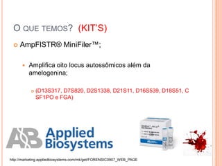 O que temos?  (KIT’S)AmpFlSTR® MiniFiler™;Amplifica oito locus autossômicos além da amelogenina;(D13S317, D7S820, D2S1338, D21S11, D16S539, D18S51, CSF1PO e FGA) http://marketing.appliedbiosystems.com/mk/get/FORENSIC0907_WEB_PAGE