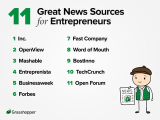 Great News Sources
for Entrepreneurs11
1 Inc.
3 Mashable
5 Businessweek
2 OpenView
4 Entreprenista
6 Forbes
7 Fast Company...