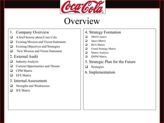 Overview
1. Company Overview
 A brief history about Coca Cola
 Existing Mission and Vision Statement
 Existing Objectives and Strategies
 New Mission and Vision Statement
2. External Audit
 Industry Analysis
 Current Opportunities and Threats
 CPM Matrix
 EFE Matrix
3. Internal Assessment
 Strengths and Weaknesses
 IFE Matrix
4. Strategy Formation
 SWOT matrix
 Space Matrix
 BCG Matrix
 Grand Strategy Matrix
 Matrix Analysis
 QSPM Matrix
5. Strategic Plan for the Future
 Strategies
6. Implementation
 