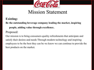 Mission Statement
Existing:
Be the outstanding beverage company leading the market, inspiring
people, adding value through excellence.
Proposed:
Our mission is to bring consumers quality refreshments that anticipate and
satisfy their desires and needs Through modern technology and inspiring
employees to be the best they can be we know we can continue to provide the
best products on the market.
 