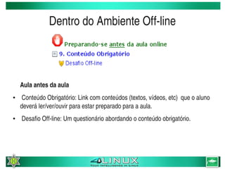 Dentro do Ambiente Off­line



        Aula antes da aula
    ●    Conteúdo Obrigatório: Link com conteúdos (textos, vídeos, etc)  que o aluno 
        deverá ler/ver/ouvir para estar preparado para a aula.
    ●    Desafio Off­line: Um questionário abordando o conteúdo obrigatório.




                                              
 