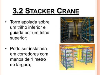 3.2 STACKER CRANE
• Torre apoiada sobre
um trilho inferior e
guiada por um trilho
superior;
• Pode ser instalada
em corredores com
menos de 1 metro
de largura;
 