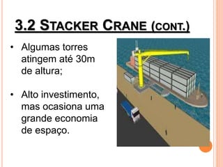 3.2 STACKER CRANE (CONT.)
• Algumas torres
atingem até 30m
de altura;
• Alto investimento,
mas ocasiona uma
grande economia
de espaço.
 