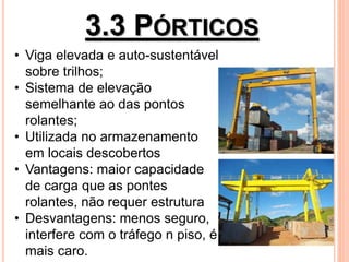 3.3 PÓRTICOS
• Viga elevada e auto-sustentável
sobre trilhos;
• Sistema de elevação
semelhante ao das pontos
rolantes;
• Utilizada no armazenamento
em locais descobertos
• Vantagens: maior capacidade
de carga que as pontes
rolantes, não requer estrutura
• Desvantagens: menos seguro,
interfere com o tráfego n piso, é
mais caro.
 