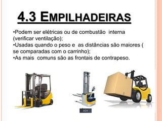 4.3 EMPILHADEIRAS
•Podem ser elétricas ou de combustão interna
(verificar ventilação);
•Usadas quando o peso e as distâncias são maiores (
se comparadas com o carrinho);
•As mais comuns são as frontais de contrapeso.
 
