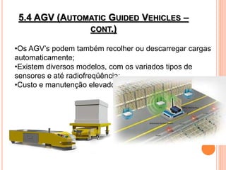 5.4 AGV (AUTOMATIC GUIDED VEHICLES –
CONT.)
•Os AGV’s podem também recolher ou descarregar cargas
automaticamente;
•Existem diversos modelos, com os variados tipos de
sensores e até radiofreqüência;
•Custo e manutenção elevados.
 