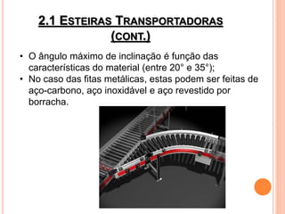2.1 ESTEIRAS TRANSPORTADORAS
(CONT.)
• O ângulo máximo de inclinação é função das
características do material (entre 20° e 35°);
• No caso das fitas metálicas, estas podem ser feitas de
aço-carbono, aço inoxidável e aço revestido por
borracha.
 