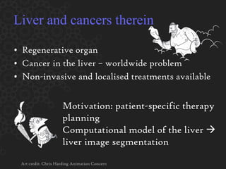 Liver and cancers therein Regenerative organ Cancer in the liver – worldwide problem Non-invasive and localised treatments available Motivation: patient-specific therapy planning Computational model of the liver    liver image segmentation Art credit: Chris Harding Animation Concern 