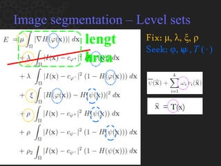Image segmentation – Level sets area Fix:  μ ,  λ ,  ξ ,  ρ Seek:   φ ,  ψ Seek:   φ ,  ω i   ,   T  (   ∙   ) length = T(x) 
