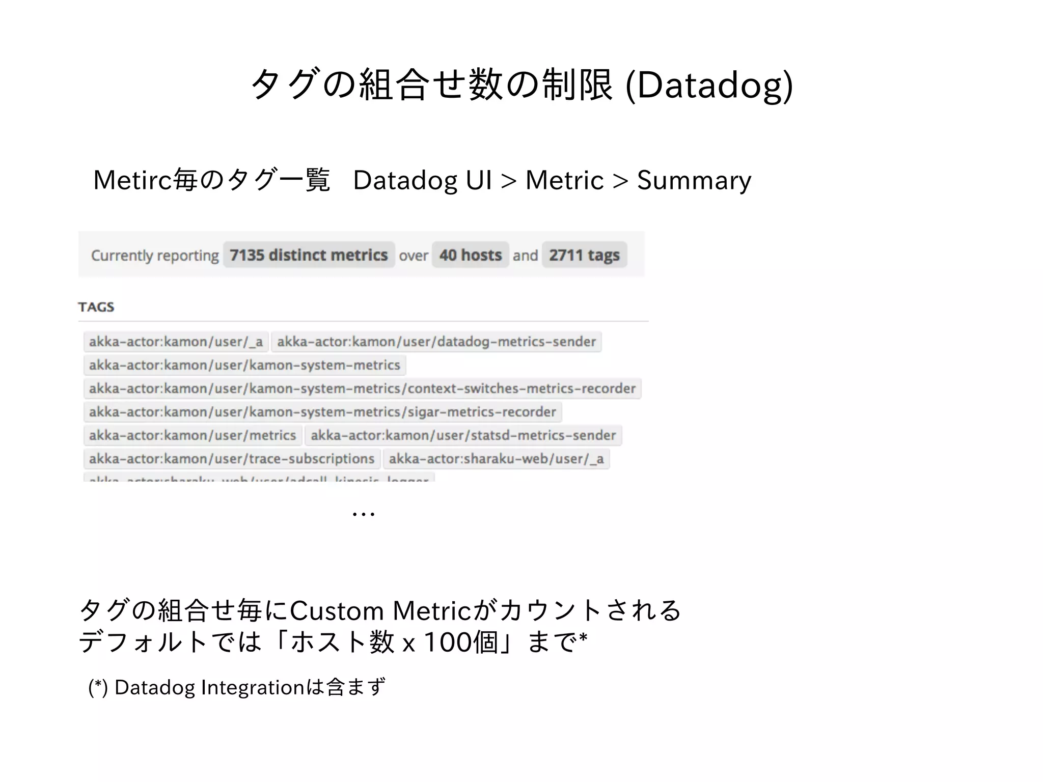 タグの組合せ数の制限 (Datadog)
タグの組合せ毎にCustom Metricがカウントされる
デフォルトでは「ホスト数 x 100個」まで*
Metirc毎のタグ⼀覧 Datadog UI > Metric > Summary
(*) Datadog Integrationは含まず
…
 