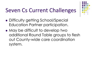 Seven Cs Progress
 Hired excellent Facilitator and Project
Coordinator.
 Honing in on our target population and
care coordination model.
 Added needed Project Partners.
 
