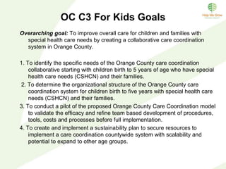 Key Coalition Partners:
• American Academy of Pediatrics, CA Chapter 4
• Children and Families Commission of Orange County
• CHOC Children's Foundation
• Help Me Grow Orange County
• Orangewood Children’s Foundation/Bridges Network
Collaborative Participants:
• California Children Services
• Cal Optima (Orange County Medi-Cal agency)
• Child Health and Disability Prevention Program
• Comfort Connection Family Resource Center
• County of Orange, Social Services Agency
• CHOC Children’s Early Developmental Assessment Center
• Family Support Network
• Orange County Department of Education/Center for Healthy Kids and Schools
• Public Community Health Nursing
• Regional Center of Orange County
• The Center for Autism and Neurodevelopmental Disorders of Southern CA
Orange County Care Coordination
Collaborative for Kids
 