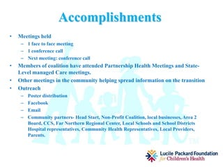 RCSHC Anticipated Challenges
• To get all required coalition members to attend meetings from all three counties.
Challenges we may face include:
 Distance to travel in unsafe weather conditions from the pioneer communities
 Time commitment, with travel, for professionals who may have a tight schedule
• To keep coalition members focused on the goals and activities outlined in the
grant, staying true to the specific agenda
• Finding professional guest speakers/trainers who are willing to travel to the
rural and pioneer communities to provide required educational topics that align
with the RCSHC goals and objectives.
• Keeping the training to be disseminated at a level that can be easily understood
by all. Such as keeping it at a 6th grade reading level
 