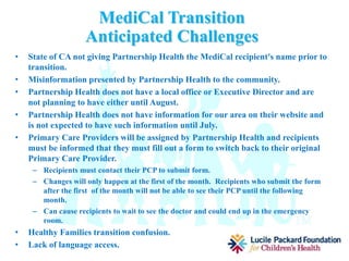 Future Activities
• Next Face to Face meeting guest speakers:
– Partnership Health Representative
– Lucille Packard Representative
– State Department of Health and Human Services Representative
• Wendy Longwell will be joining the Partnership Health Community
Representative Body
– Also will be applying to become a Partnership Health Board Member
• Additional informational materials will be distributed as they become available.
– Ex: input from community of information that Partnership Health should include in
their documents
• State of California has been updated on the developments and issues that arise
as we go through the transition.
 