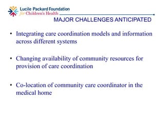 • Strengthen the existing system of care coordination
for CSHCN through a collaborative learning
community
• Increase access to coordinated, effective, family-
centered services for CSHCN within the medical
home
• Develop a model of care coordination for CSHCN in
the medical home that is replicable and sustainable
PROJECT GOALS
 