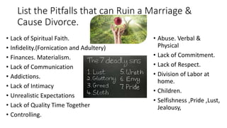 List the Pitfalls that can Ruin a Marriage &
Cause Divorce.
• Lack of Spiritual Faith.
• Infidelity.(Fornication and Adultery)
• Finances. Materialism.
• Lack of Communication
• Addictions.
• Lack of Intimacy
• Unrealistic Expectations
• Lack of Quality Time Together
• Controlling.
• Abuse. Verbal &
Physical
• Lack of Commitment.
• Lack of Respect.
• Division of Labor at
home.
• Children.
• Selfishness ,Pride ,Lust,
Jealousy,
 
