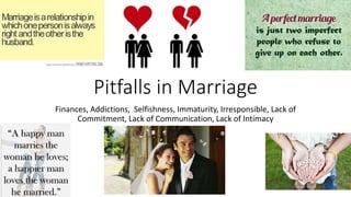 Pitfalls in Marriage
Finances, Addictions, Selfishness, Immaturity, Irresponsible, Lack of
Commitment, Lack of Communication, Lack of Intimacy
 