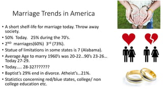 Marriage Trends in America
• A short shelf-life for marriage today. Throw away
society.
• 50% Today. 25% during the 70’s.
• 2ND marriages(60%) 3rd (73%).
• Statue of limitations in some states is 7 (Alabama).
• Average Age to marry 1960’s was 20-22…90’s 23-26…
Today 27-29.
• Today….. 28-32???????
• Baptist’s 29% end in divorce. Atheist’s…21%.
• Statistics concerning red/blue states, college/ non
college education etc.
 