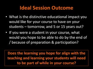 Ideal Session Outcome
• What is the distinctive educational impact you
  would like for your course to have on your
  students – tomorrow, and 5 or 15 years out?
• If you were a student in your course, what
  would you hope to be able to do by the end of
  / because of preparation & participation?

 Does the learning you hope for align with the
 teaching and learning your students will need
      to be part of while in your course?
 