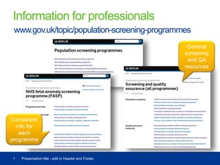 Information for professionals
1 Presentation title - edit in Header and Footer
www.gov.uk/topic/population-screening-programmes
General
screening
and QA
resources
Consistent
info for
each
programme
 