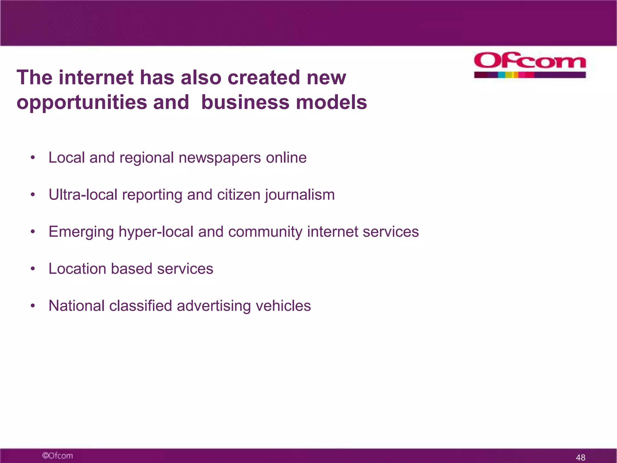  Communications in the Nations and RegionsTop telecoms towns and citiesAberdeen: VOIP 30%Dundee: Bundles 65%Belfast: Mobiles 94%Leeds: Mobile broadband 29%Norwich: Online TV 49%Cardiff: Mobile-only households 29%Source: Ofcom research, selected towns and cities23