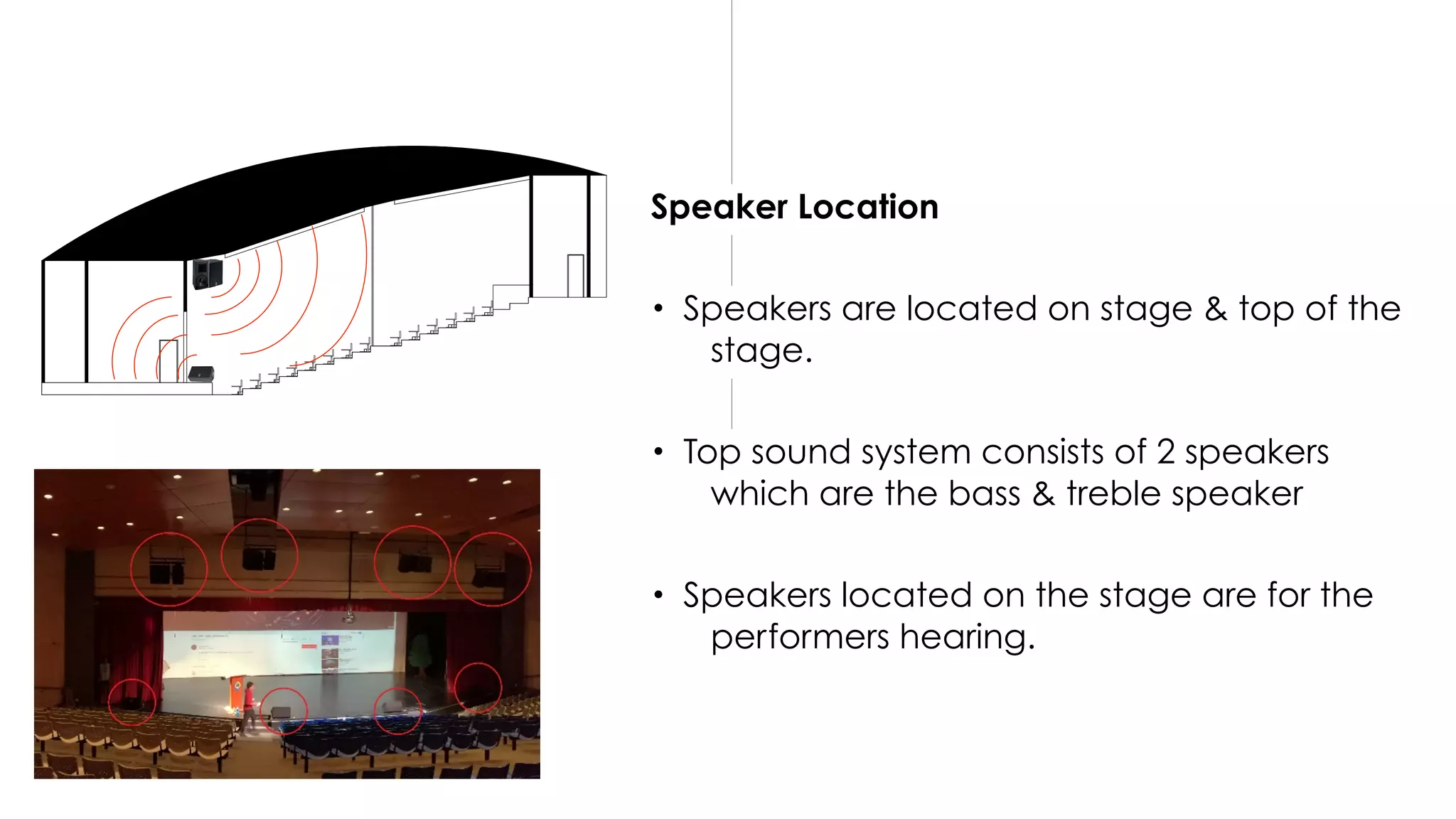 Speaker Location
• Speakers are located on stage & top of the
stage.
• Top sound system consists of 2 speakers
which are the bass & treble speaker
• Speakers located on the stage are for the
performers hearing.
 