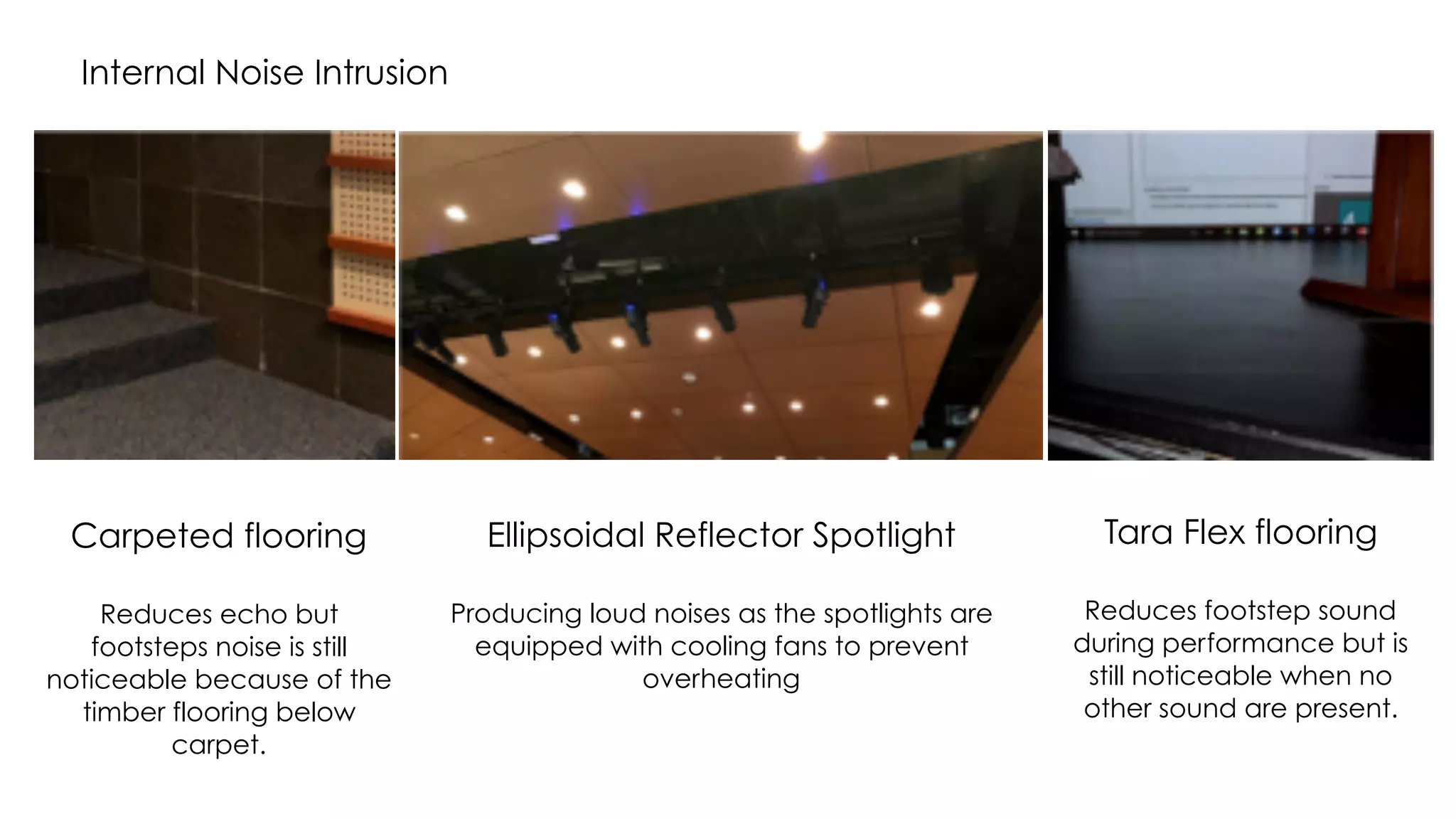 Internal Noise Intrusion
Carpeted flooring
Reduces echo but
footsteps noise is still
noticeable because of the
timber flooring below
carpet.
Ellipsoidal Reflector Spotlight
Producing loud noises as the spotlights are
equipped with cooling fans to prevent
overheating
Tara Flex flooring
Reduces footstep sound
during performance but is
still noticeable when no
other sound are present.
 