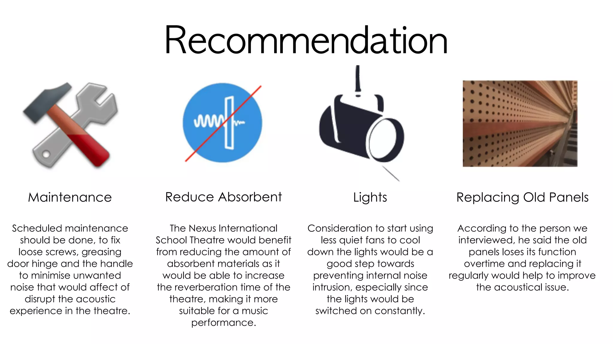 Recommendation
Maintenance
Scheduled maintenance
should be done, to fix
loose screws, greasing
door hinge and the handle
to minimise unwanted
noise that would affect of
disrupt the acoustic
experience in the theatre.
Reduce Absorbent
The Nexus International
School Theatre would benefit
from reducing the amount of
absorbent materials as it
would be able to increase
the reverberation time of the
theatre, making it more
suitable for a music
performance.
Lights
Consideration to start using
less quiet fans to cool
down the lights would be a
good step towards
preventing internal noise
intrusion, especially since
the lights would be
switched on constantly.
Replacing Old Panels
According to the person we
interviewed, he said the old
panels loses its function
overtime and replacing it
regularly would help to improve
the acoustical issue.
 