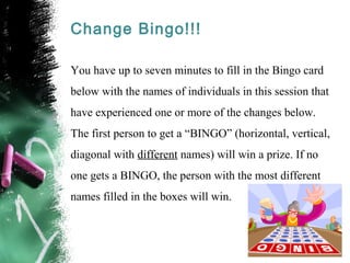 Change Bingo!!! 
You have up to seven minutes to fill in the Bingo card 
below with the names of individuals in this sessi...