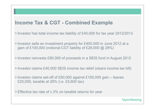 Income Tax & CGT - Combined Example
> Investor has total income tax liability of £40,000 for tax year 2012/2013

> Investor sells an investment property for £400,000 in June 2012 at a
  gain of £100,000 (notional CGT liability of £28,000 @ 28%)

> Investor reinvests £80,000 of proceeds in a SEIS fund in August 2012

> Investor claims £40,000 SEIS income tax relief (clears income tax bill)

> Investor claims set-off of £80,000 against £100,000 gain – leaves
  £20,000, taxable at 28% (i.e. £5,600 tax)

> Effective tax rate of c.3% on taxable returns for year
 