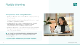 Employment law update
12
Flexible Working
New legislation on flexible working will mean that:
> Employees will now be able to make two flexible working requests in any
12 month period.
> Requests have to be dealt-with by employers within 2 months of receipt
of a request if no extension is agreed.
> Employers are not able to refuse a request until they have ‘consulted’
with the employee (although there is no legislative de minimis
requirement of what that ‘consultation’ needs to include).
> Employees will no longer, in their application, have to explain what effect
the employee thinks agreeing to the request would have and how any
such effect might be dealt with.
NB: The Act does not provide that requesting a flexible working pattern
will become a “Day 1” right, but this is expected to be introduced by
secondary legislation.
A draft ACAS code on flexible working is currently under consultation.
 