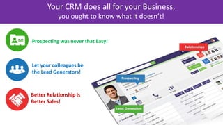 Your CRM does all for your Business,
you ought to know what it doesn’t!
Prospecting was never that Easy!
Let your colleagues be
the Lead Generators!
Better Relationship is
Better Sales!
 