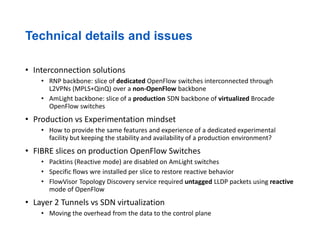 Technical details and issues
• Interconnection solutions
• RNP backbone: slice of dedicated OpenFlow switches interconnected through
L2VPNs (MPLS+QinQ) over a non-OpenFlow backbone
• AmLight backbone: slice of a production SDN backbone of virtualized Brocade
OpenFlow switches
• Production vs Experimentation mindset
• How to provide the same features and experience of a dedicated experimental
facility but keeping the stability and availability of a production environment?
• FIBRE slices on production OpenFlow Switches
• Packtins (Reactive mode) are disabled on AmLight switches
• Specific flows wre installed per slice to restore reactive behavior
• FlowVisor Topology Discovery service required untagged LLDP packets using reactive
mode of OpenFlow
• Layer 2 Tunnels vs SDN virtualization
• Moving the overhead from the data to the control plane
 