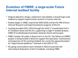 Evolution of FIBRE: a large-scale Future
Internet testbed facility
• Original objective: design, implement and validate a shared large-scale
testbed to support experimental research in Future Internet.
• Studies began in 2008, inspired by GENI (USA) and by the FIRE (Future
Internet Research and Experimentation) program of the EU
• Funding provided 2011-2014 through the 2010 1st Coordinated Call in
ICT between Brazil and the EU, supporting a single FI testbed project,
FIBRE (FI testbed/experimentation between Brazil and Europe).
• FIBRE includes 10 nodes in Brazil and 3 in the EU. The follow-on FIBRE2
project is being funded in Brazil to support the operation, maintenance
and expansion of the existing testbed, for use by the approved project
on “experimental platforms” selected in the 2014 3rd CC.
• On-going conversations were initiated in 2013 to promote the
international federation of the FI testbeds, including FIBRE.
 