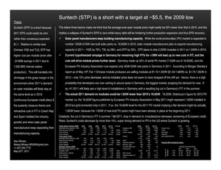 Suntech (STP) is a short with a target at ~$5.5, the 2009 low
Thesis:
Suntech (STP) is a short because        The below three factors make me think that the average-over-year module price might easily be 20% lower than that in 2010, and this
2011 EPS could easily be zero           implies a collapse of Suntech’s EPS to zero while heavy debt will be hindering further production expansion and thus EPS recovery:
rather than consensus expected                  Solar panel manufacturers keep building manufacturing capacity. While the world photovoltaic (PV) market is expected to
$1.1. Relative to similar-size                  number 13GW-21GW new built solar parks vs. 16.6GW in 2010, solar module manufacturers plan to expand manufacturing
Chinese YGE and TLS, STP has                    capacity in 2011 – YGE by 70%, TSL by 58%, and STP by 33%. STP plans to ship 2.2GW modules in 2011 vs 1.6GW in 2010.
higher cost per module (even after              Current hypothesized rampage in Germany for remaining high FiTs for <1MW will lead up to new cuts in FiT, and the
~$100M savings in 2011 due to                   cuts will drive module prices further down. Germany made up 45% of world PV market (7.4GW out of 16.6GW), and the
1,000 MW internal wafers                        European PV Industry Association now expects only 3GW-5GW new parks in Germany in 2011. According to Morgan Stanley’s
production). This will translate into           report as of May 19th,Tier 1 Chinese module producers are selling modules at €1.10-1.20/W ($1.54-1.68/W) vs. $1.75-1.85/W in
shrinkage in the gross margin in the            2010 – only 10% price decrease, and so modules’ price does not seem to have dropped off the cliff yet. Hence, there is a high
environment when 2011’s demand                  probability that developers are now rushing to secure spots in Germany, the biggest market, propping the demand for now. If
on solar modules will likely stay at            so, H1 2011 will likely see a high level of installations in Germany with a resulting big cut in Germany’s FiT in the summer.
the same level as in 2010                       The actual 2011 demand on modules could be 1.6GW lower than 2010’s 16.6GW. 18.2GW, Solarbuzz’s figure for 2010 PV
(continuous European credit jittery &           market, vs. the 16.6GW figure published by European PV Industry Association in May 2011 might represent 1.6GW installed in
the austerity measure theme and                 2010 but grid-connected only in 2011. If so, the 16.6GW level for the 2011 PV market implying a flat demand might be actually
retroactive cuts in FiT in Czech Rep.           1.6GW lower, because the 1.6GW of new-built PV parks might have been already in place at the beginning 2011.
and Spain hobbled the industry          Catalysts: the cut in Germany’s FiT in summer / fall 2011, drop in demand on modules/price decrease, worsening of European credit;
growth) and when solar panel            Risks: Suntech’s costs decrease by more than 15%, super strong demand on PV in the US where Suntech is growing.
                                        Yingli Green Group (YGE)      2007     2008     2009     2010    2011E    change                       2009      2010      2011E                             2009       2010      2011E
manufacturers keep expanding their      Manufacturing capacity, MW      200      400      600    1,000    1,700            Revenue, $M          1,693     2,902      3,256   Asset turns               0.5x       0.7x       0.7x
                                        Selling price, $/Watt          3.92     3.94     2.02     1.79     1.42    (20%)   COGS                 1,355     2,398      2,869   Cash                       833        873        343
                                        Cost, $/Watt                   3.00     3.09     1.55     1.19     1.06    (11%)   Gross margin           339       504        387   Net Debt                   645      1,243      1,243
manufacturing capacity                  Gross Margin                 23.6%    21.6%    23.6%    33.2%    25.4%     (24%)                       20.0%     17.4%      11.9%    EBITDA                     240        345        209
                                        Trina Solar (TSL)                                                                  SG&A                   165       244        274   Net Debt/EBITDA           2.7x       3.6x       6.0x
                                        Manufacturing capacity, MW      150   350   600  1,200  1,900                                           9.7%      8.4%       8.4%
                                        Selling price, $/Watt           3.97  4.14  2.12   1.76   1.42             (19%)   EBIT                   174       260        113
Alex Mineev                             Cost, $/Watt                    3.08  3.32  1.52   1.20   1.06             (12%)   Interest expense       103       100        100   Diluted EPS sensitivity table:
Alexey.Mineev.WG09@gmail.com            Gross Margin                 22.4% 19.8% 28.1% 31.5% 25.4%                 (19%)   Non-op. loss           (18)     (101)         –
                                        Suntech Power (STP)                                                                Income before tax       88       262         14                              Module price decrease
+1.267.230.7772                         Manufacturing capacity, MW      540    1,000    1,100    1,800    2,400            Income tax               3        24          1                           -15%       -20%       -25%




                                                                                                                                                                                 cost per W
                                                                                                                                                                                  decrease
May-22nd, 2011                          Shipped, MW                     364      496      704    1,572    2,200     40%                         2.8%      9.1%       9.1%                     -12%     $0.59     ($0.35)    ($1.40)
                                        Selling price, $/Watt          3.70     3.88     2.41     1.85     1.48    (20%)   Net Income              86       238         13                    -15%     $1.02      $0.07     ($0.98)
                                        Cost, $/Watt                   2.95     3.19     1.92     1.53     1.30    (15%)   Diluted shares, M      173       182      181.6                    -18%     $1.58      $0.63     ($0.42)
                                        Gross Margin                 20.3%    17.8%    20.0%    17.4%    11.9%     (32%)   EPS                   0.50      1.31       0.07
 