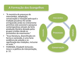 A Formação dos Evangelhos

• “A memória do processo de
  intercâmbio, adaptação,
  conservação e inovação pelo qual a                 Intercâmbio
  tradição jesuânica foi sendo
  enriquecida ainda no cristianismo
  primitivo está acessível à pesquisa
  contemporânea através da farta
  produção literária deixada pelos




                                                                   Adaptação
                                          Inovação
  grupos cristãos desde os
  primórdios do movimento.“                           Processos
• “Essa literatura, diversificada em
  forma e conteúdo, é uma forte
  evidência da seleção e re-
  significação das tradições, inclusive
  as orais. “
• FIORENZA, Elizabeth Schüssler,                     Conservação
  Jesus e a política da interpretação,
  p. 12.
 